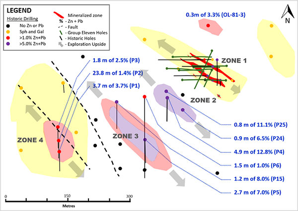 Exhibit 9. Plan Map of Zones 1, 2, 3 and 4 at Carrickittle Prospect, PG West Project, Ireland