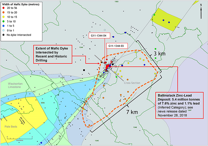 Exhibit 2. Plan Map Showing New Drilling and Extent of Thickest (>10 metres) Portion of Mafic Dyke