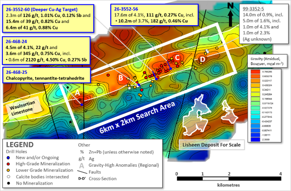 Exhibit 8. Regional Gravity Map Showing 6km Long Prospective Trend at Ballywire